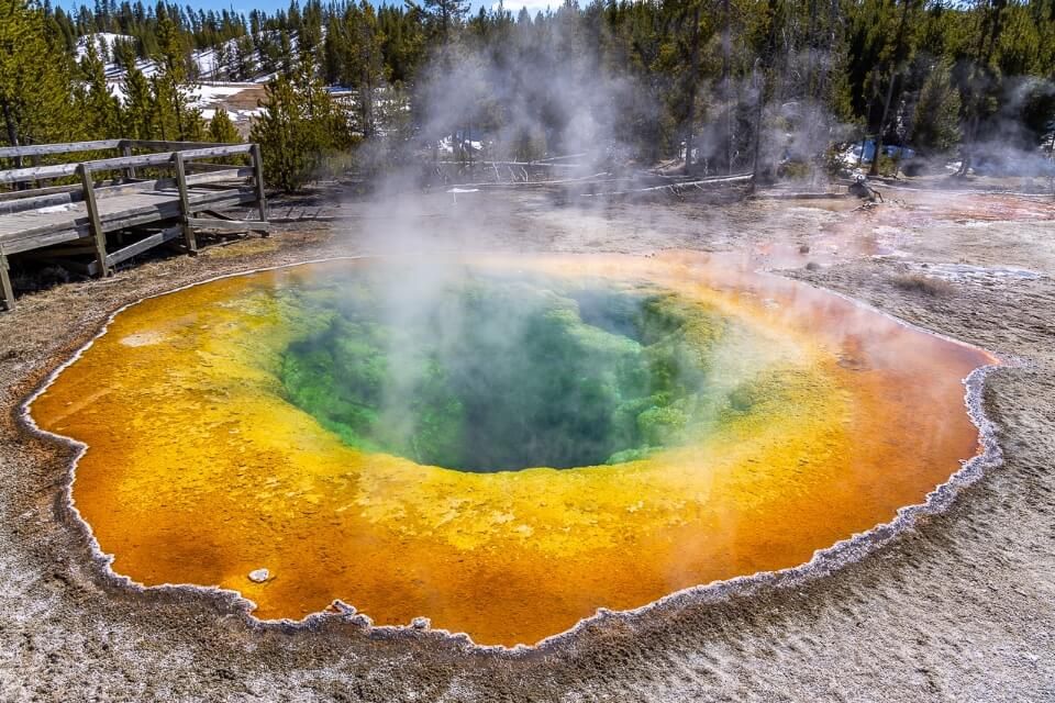 Morning glory pool is incredibly photogenic despite visiting Yellowstone in april when steam billows out of hot geothermal features