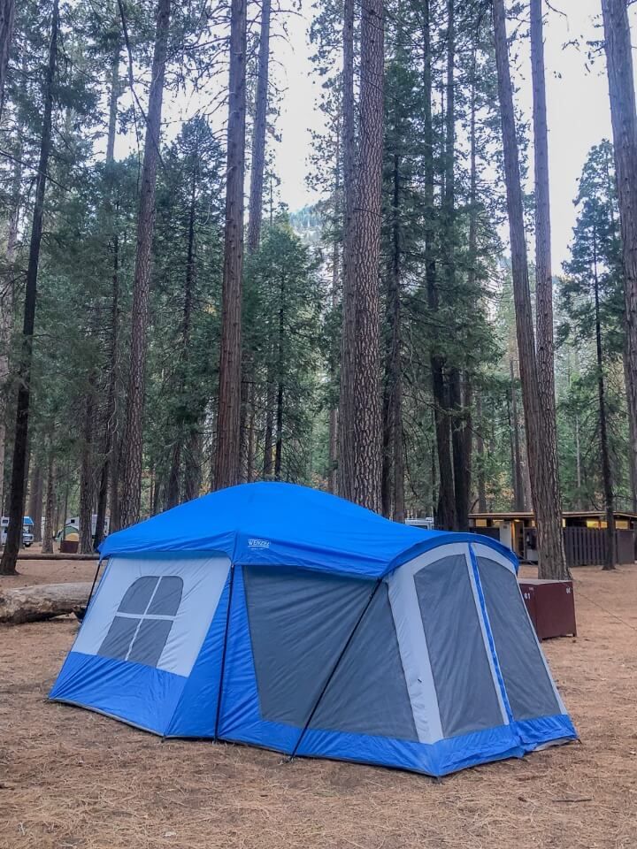 Tent in North Pines campground on a cold october morning in yosemite national park california surrounded by trees