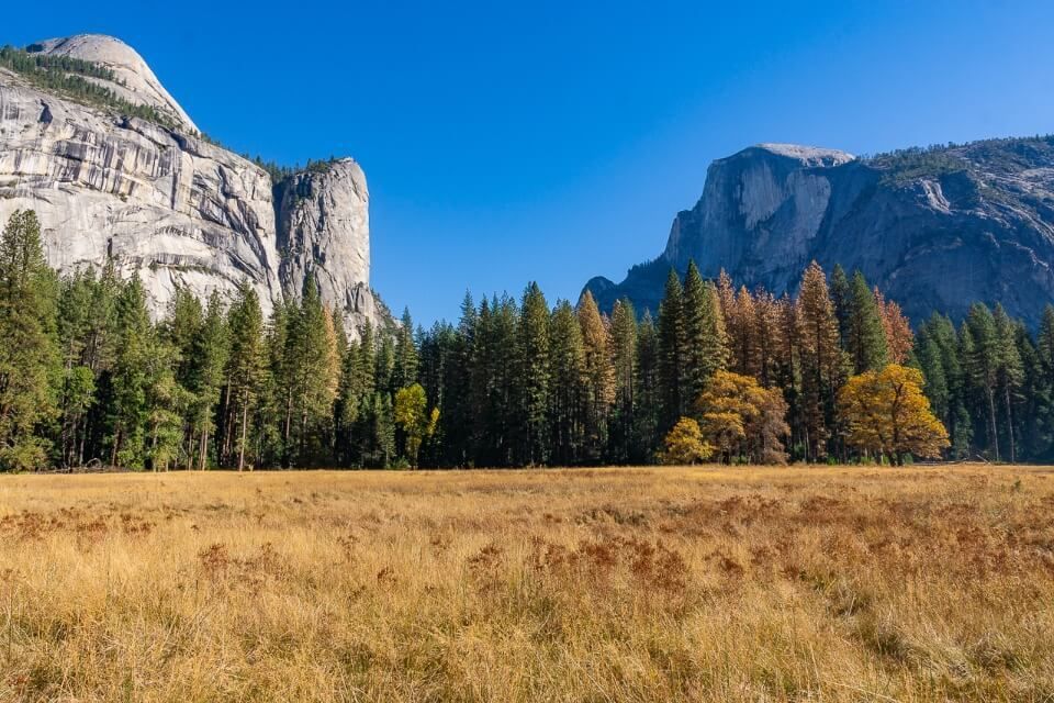 Weather is great in Yosemite in October for hiking and photography golden meadows in Yosemite Valley