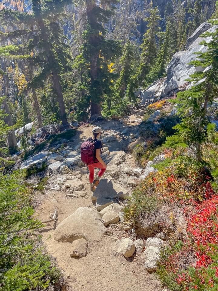 Descending a trail in washington on a sunny day