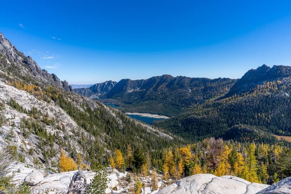 Snow Lakes in the distance from the edge of the enchantments core lower section stunning viewpoint