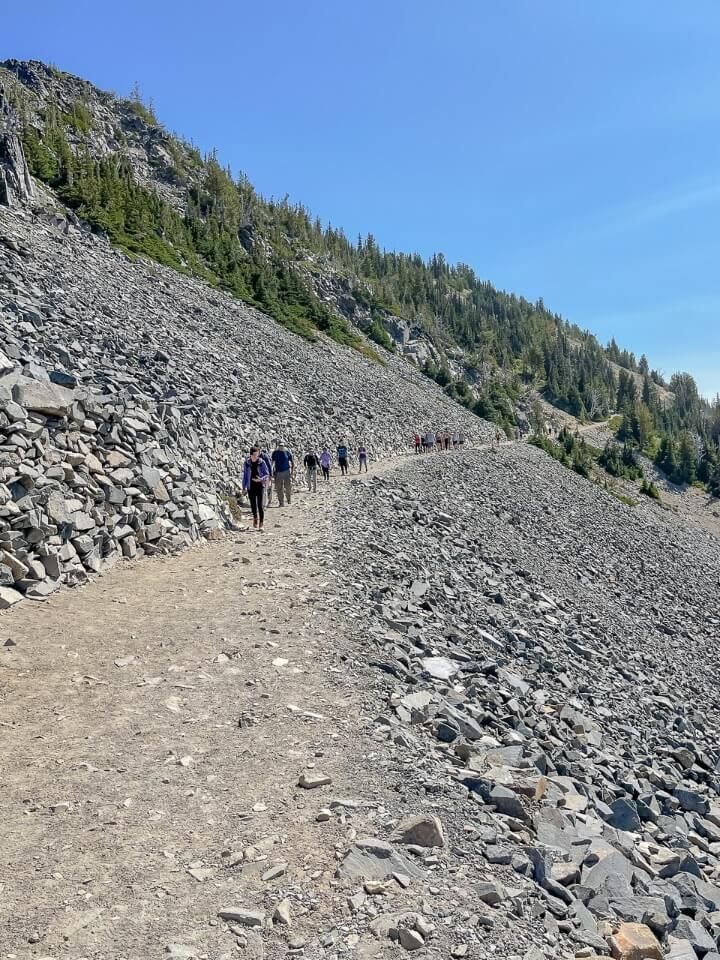 hikers hurrying up a popular path in mt rainier