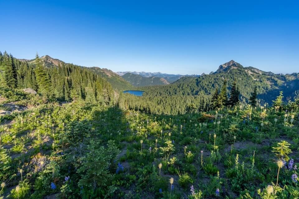 Stunning views over rolling hills and a lake from the highest point along naches peak loop trail hike in mt rainier national park washington