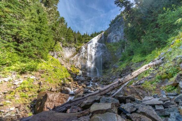 Spray Falls on the Spray Park Trail in Mt Rainier National Park excellent hike with meadows and waterfall