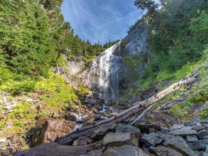 Spray Falls on the Spray Park Trail in Mt Rainier National Park excellent hike with meadows and waterfall