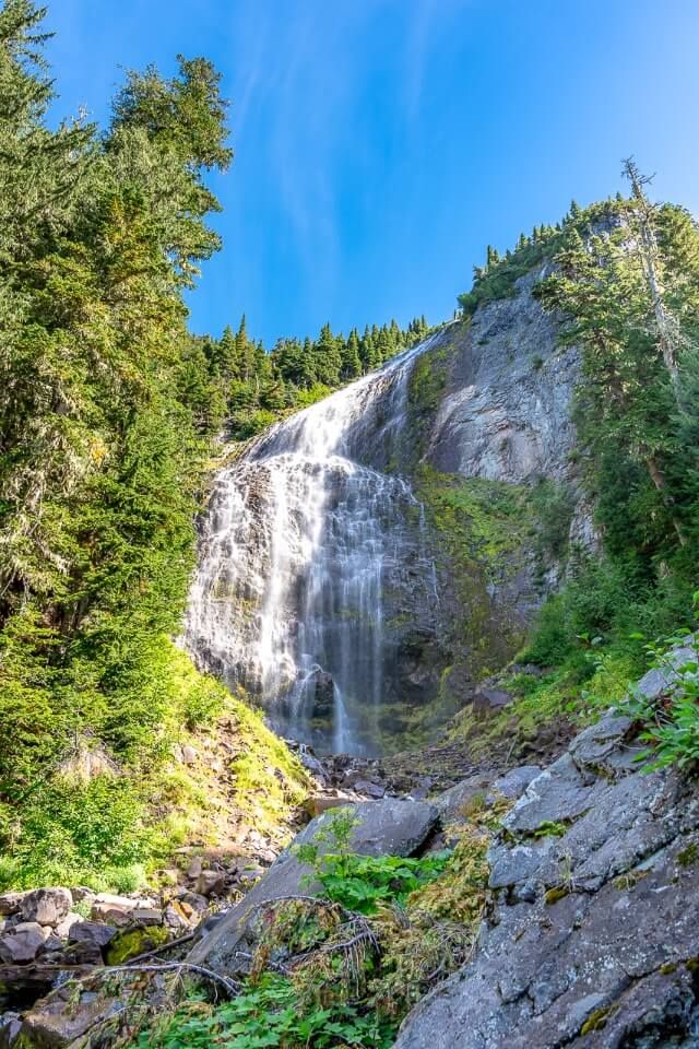 Spray Falls waterfall on the spray park trail mowich lake mt rainier national park