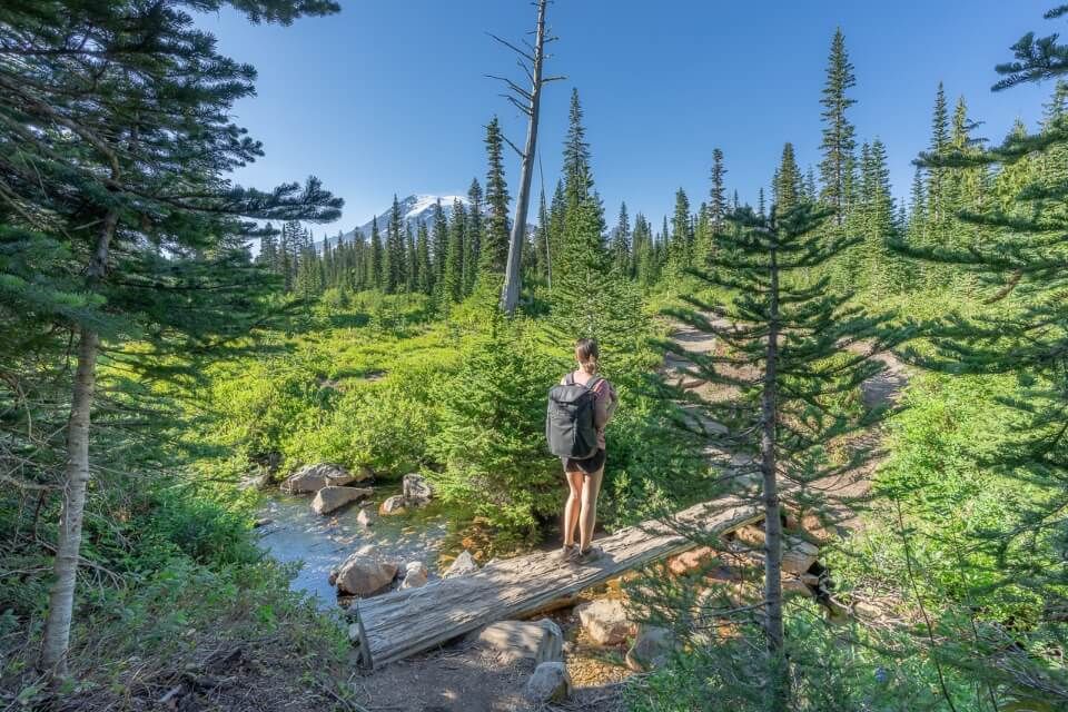 bench and snow lake trail is one of the best short hikes in mt rainier with undulating elevation gain and loss two lakes and wildflower meadows kristen crossing wooden bridge in gorgeous setting