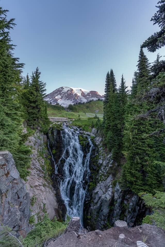 Myrtle Falls waterfall is an easy and accessible hike with stunning viewpoint on the skyline trail best for young kids and those who want a quick hike in paradise mt rainier
