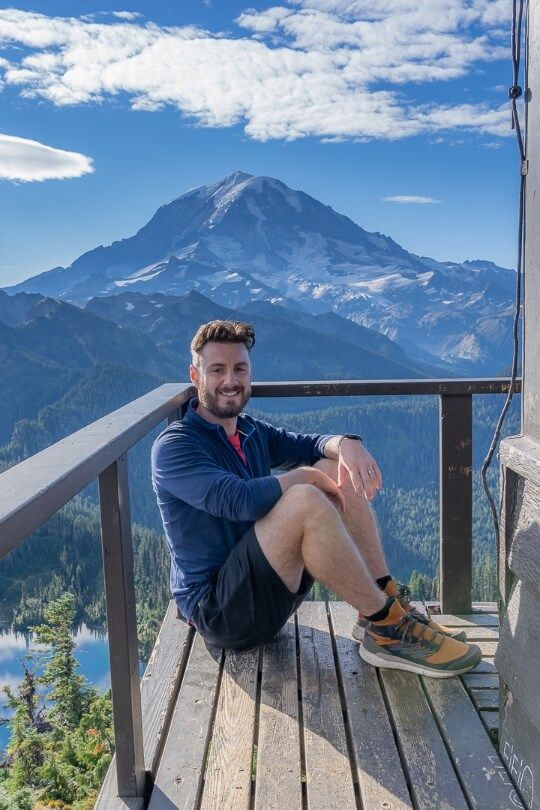 Mark at Tolmie Peak Fire Lookout Tower after a fantastic hike through forest and with stunning lake views