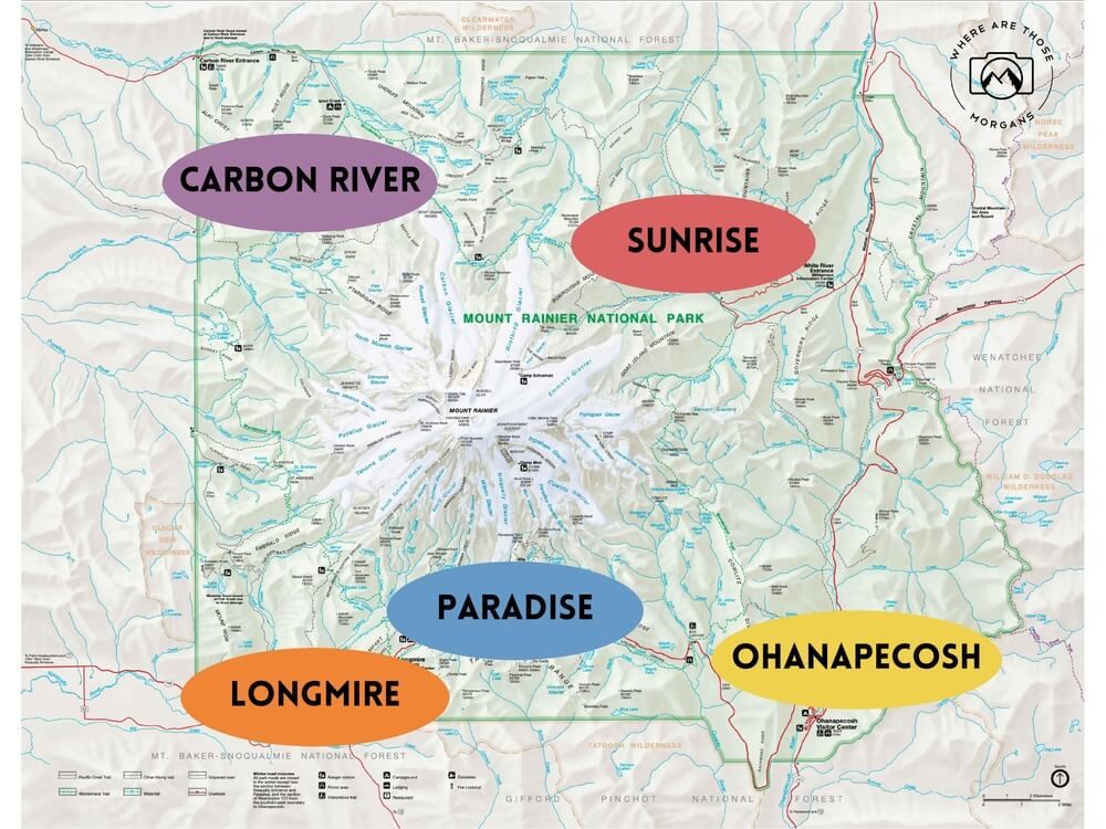 Map showing regions of mt rainier national park broken up into sunrise ohanapecosh paradise longmire and carbon river