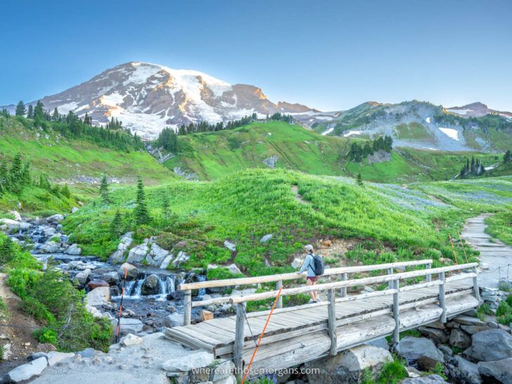 Best hikes in Mt Rainier National Park by Where Are Those Morgans hiking blog stunning view of a hiker on a bridge with green meadows leading to snow capped volcano
