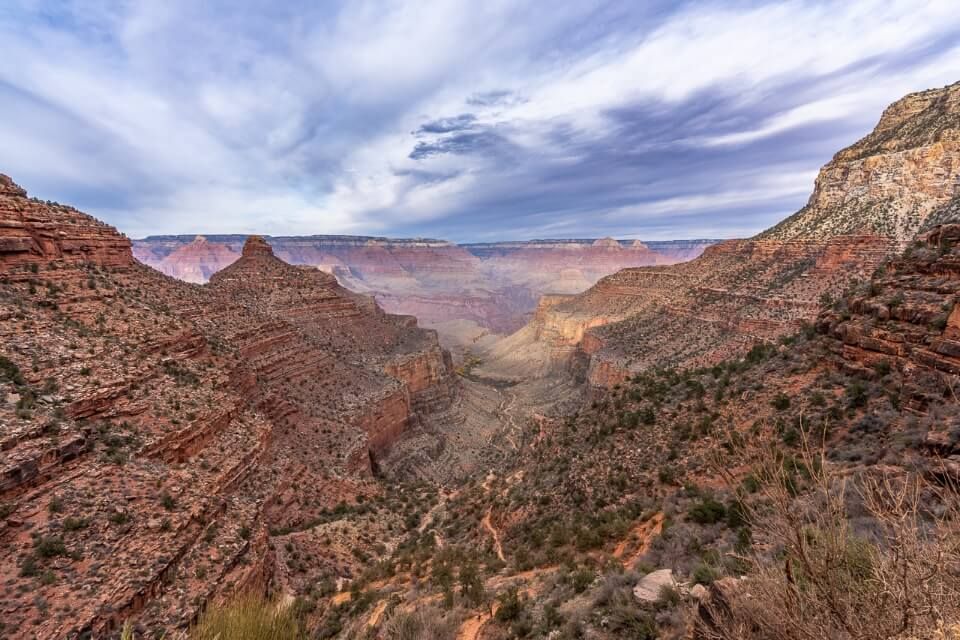 Bright Angel trailhead has wonderful views over grand canyon south rim from the lodge or nearby trail viewpoint