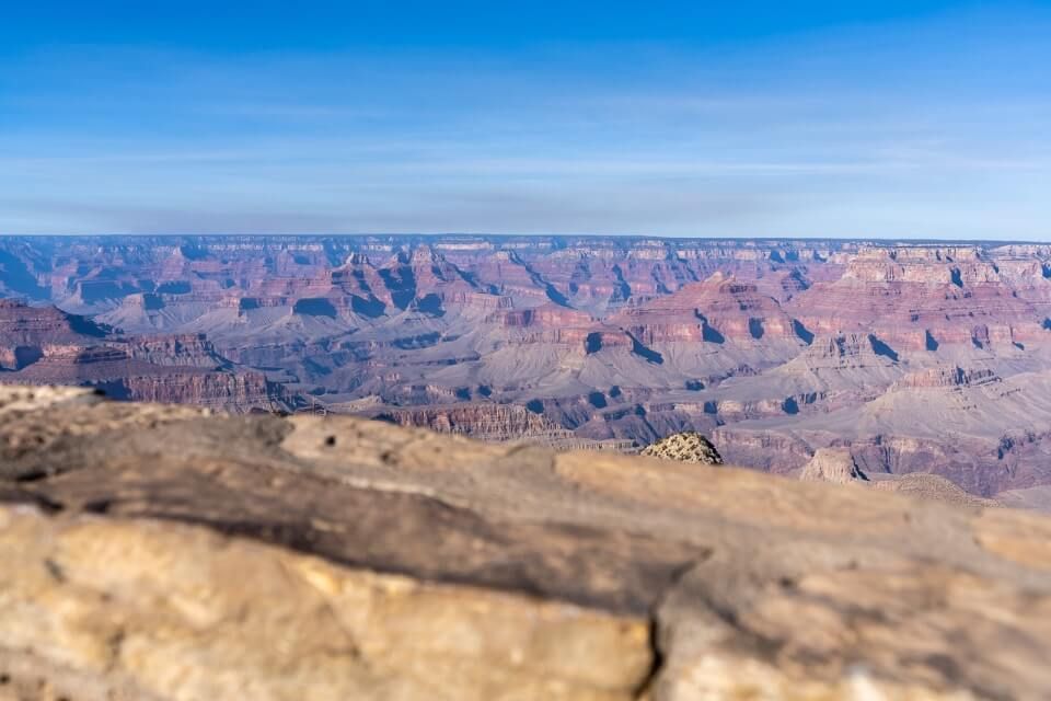 Grand view overlook is one of the best viewpoints in grand canyon national park south rim with far reaching views both directions bokeh effect on a wall at the overlook