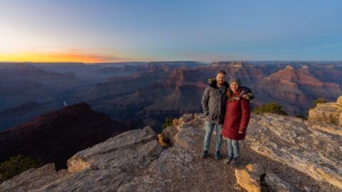 Where Are Those Morgans enjoying stunning views over Grand Canyon South Rim from Hopi Point viewpoint at sunset amazing landscape