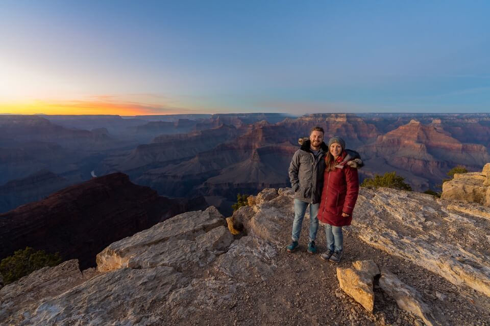 Where Are Those Morgans enjoying stunning views over Grand Canyon South Rim from Hopi Point viewpoint at sunset amazing landscape