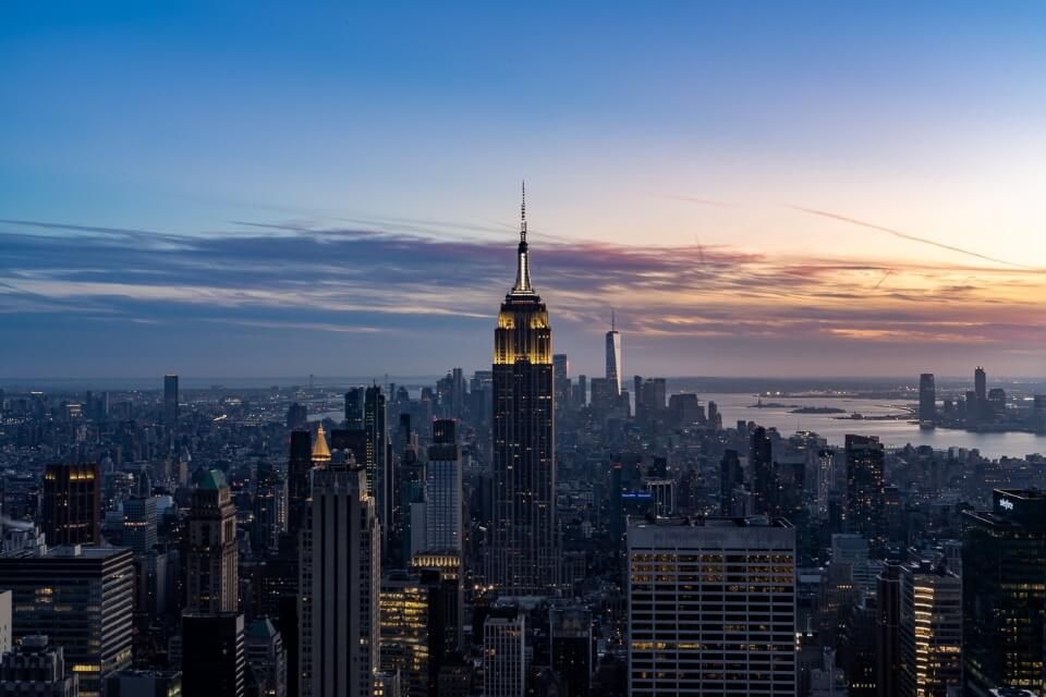The world famous Manhattan skyline as seen from Top of the Rock at Sunset