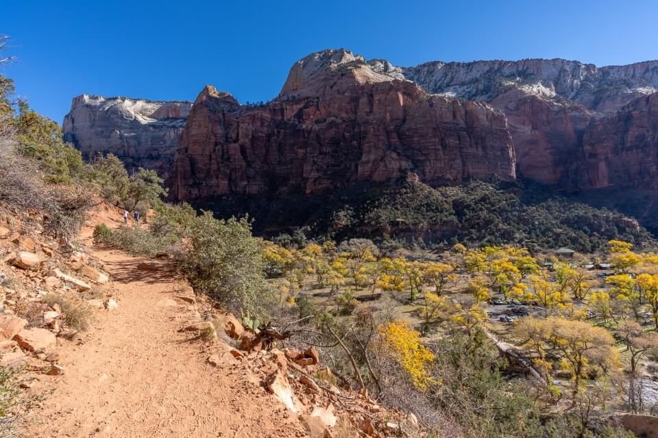 Hiking a sandy path in utah with views over trees and orange canyons