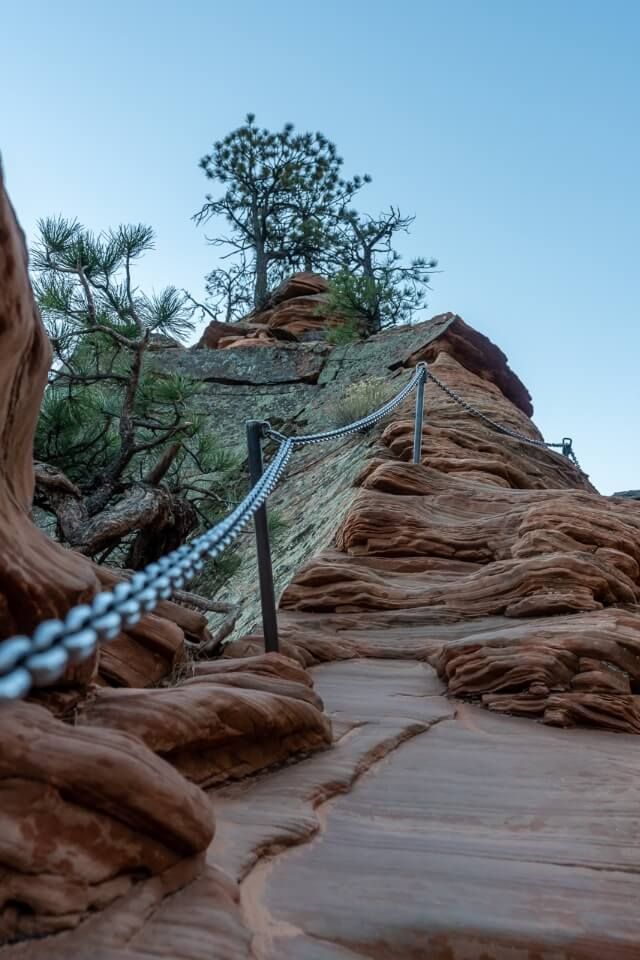 Awesome photo of Angels Landing hike in Zion National Park chains built into rocks hiking at dawn