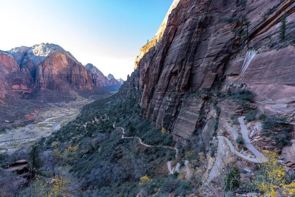 West Rim trail switchbacks on angels landing hike in zion at sunrise