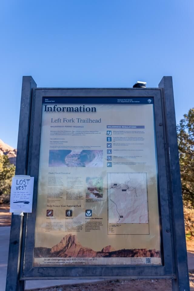 Information sign at the start of a hike in Kolob Terrace Utah