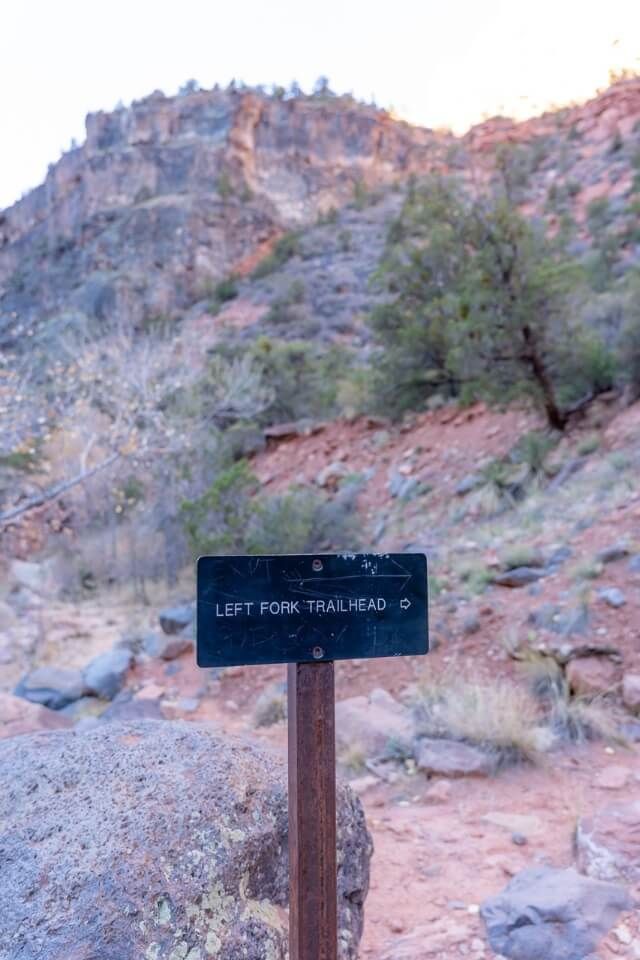 Left Fork Trailhead sign on a hiking trail in utah