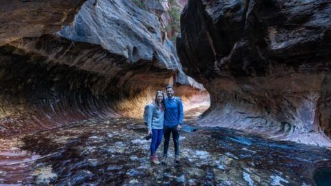 Where Are Those Morgans at The Subway in Zion National Park bottom up day hike to a tunnel rock formation filled with light and emerald green pools
