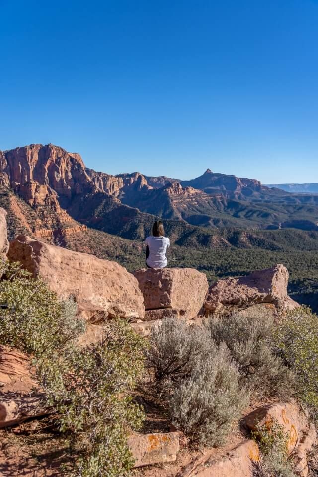 Spectacular view over Kolob Canyon, Kolob Terrace and the Pine Valley Mountains from Timber Creek Overlook Trail viewpoint in Zion National Park
