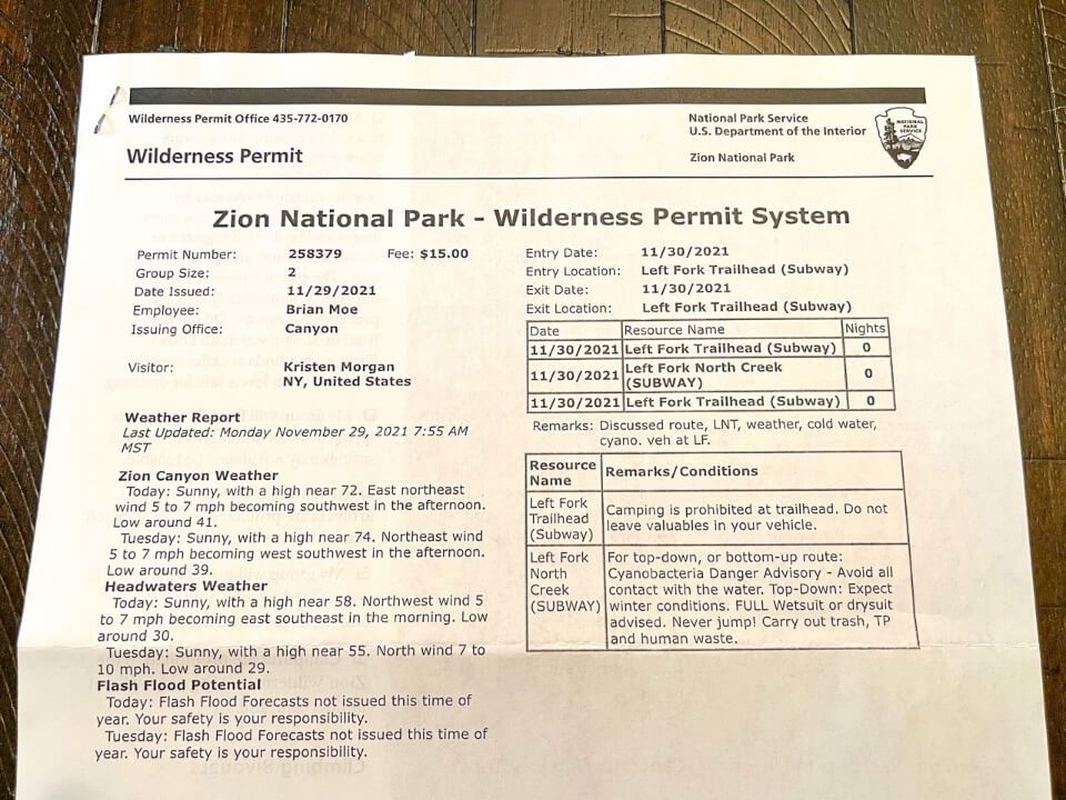 Example of a wilderness permit required to hike The Subway in Zion National Park Utah