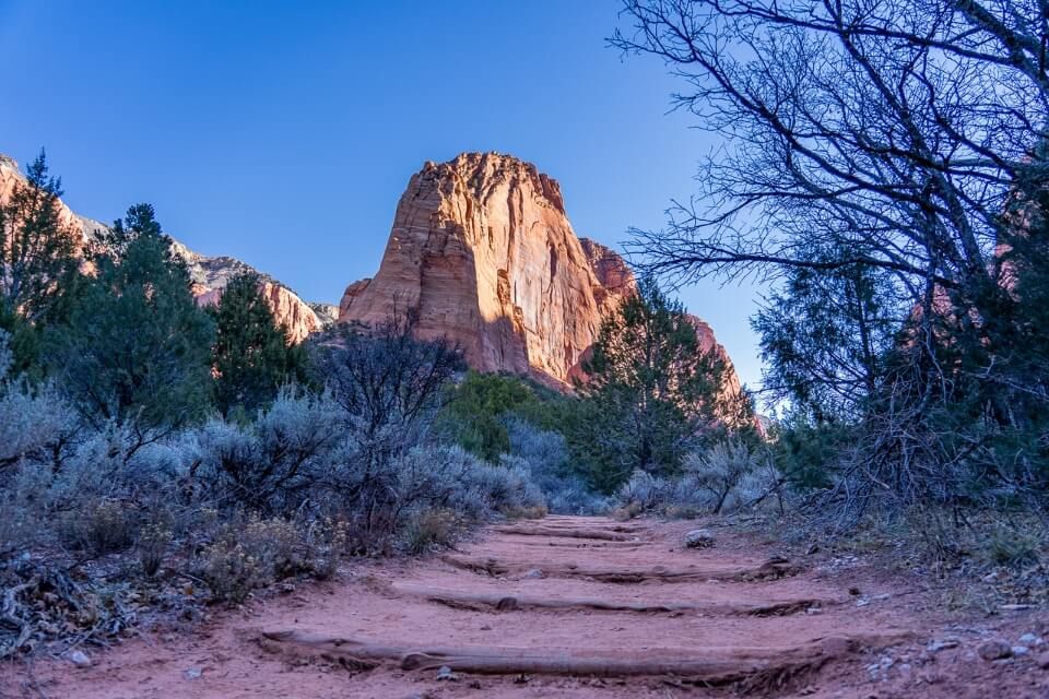 Stunning hiking trail in zion national park dirt packed path on Taylor Creek with sun illuminating canyon rocks behind