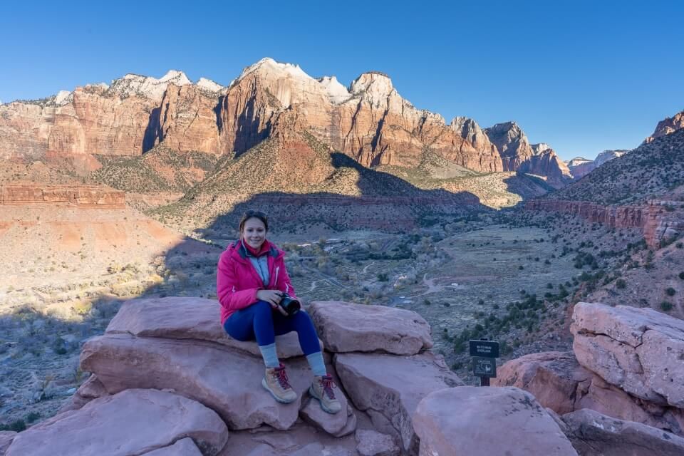 Where Are Those Morgans at The Watchman Trail overlook during sunrise at Zion National Park stunning views over Springdale below cast in deep shadows