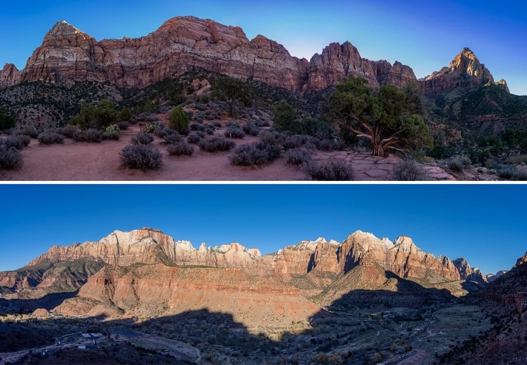 Views to the East and West from the summit of The Watchman Trail in Zion National Park at sunrise