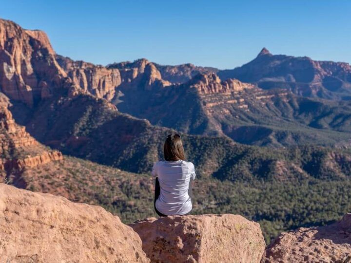 Where Are Those Morgans at the viewpoint of an amazing hike called Taylor Creek Overlook Trail in Kolob Canyon area of Zion National Park in Utah stunning view over mountains and forest