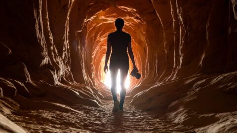 Photographer hiking belly of the dragon in kanab utah silhouette against light at the end of the tunnel