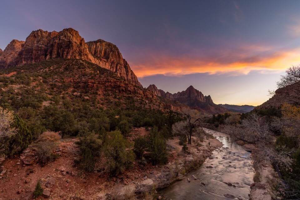 Spectacular sunset over the Virgin River and Pa'rus Trail hike in Zion National Park with colorful clouds
