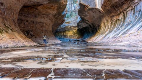 Day hiking the Subway bottom up stunning colors and hiker taking photographs of one of the best hikes in Zion National Park Utah