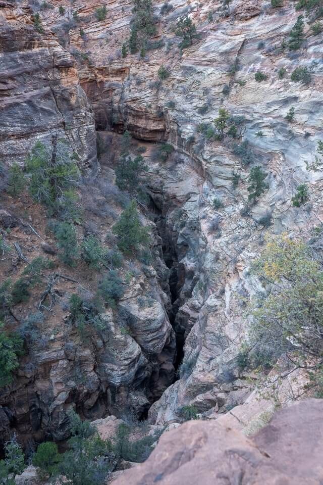 Pine Creek Slot Canyon looking intimidating from Zion Canyon Overlook Trail in Zion National Park long narrow crack in the earth