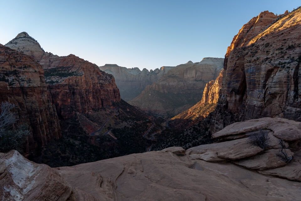 Canyon overlook in zion national park at sunset