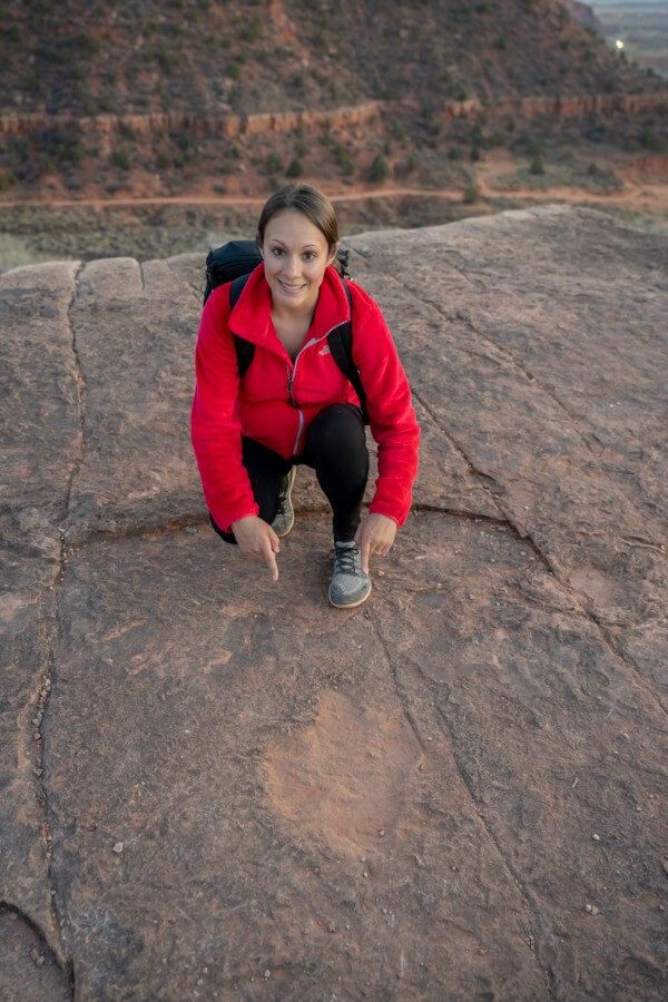 Hiking to the summit of dinosaur tracks trail and pointing to a print in kanab utah