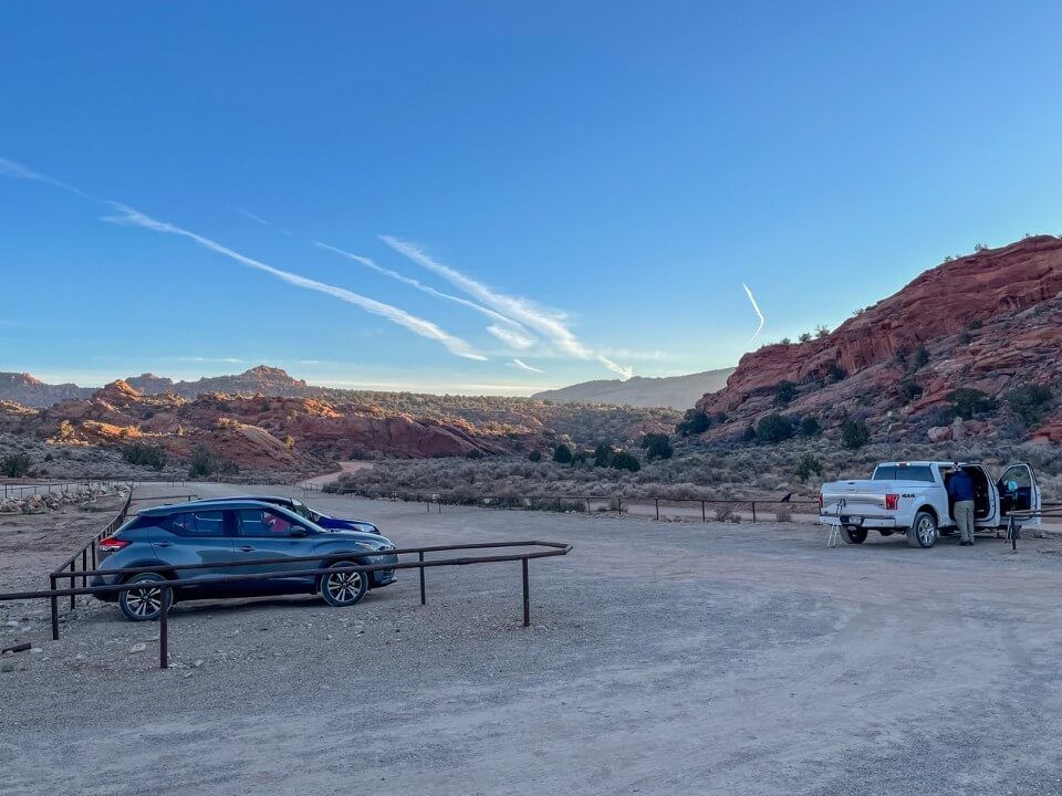 Parking lot at wire pass trailhead for buckskin gulch and hiking The Wave in Arizona at sunrise