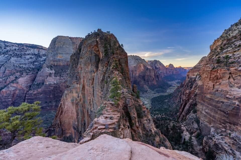 Angels Landing Trail moments before sunrise with no hikers on the trail gorgeous colors