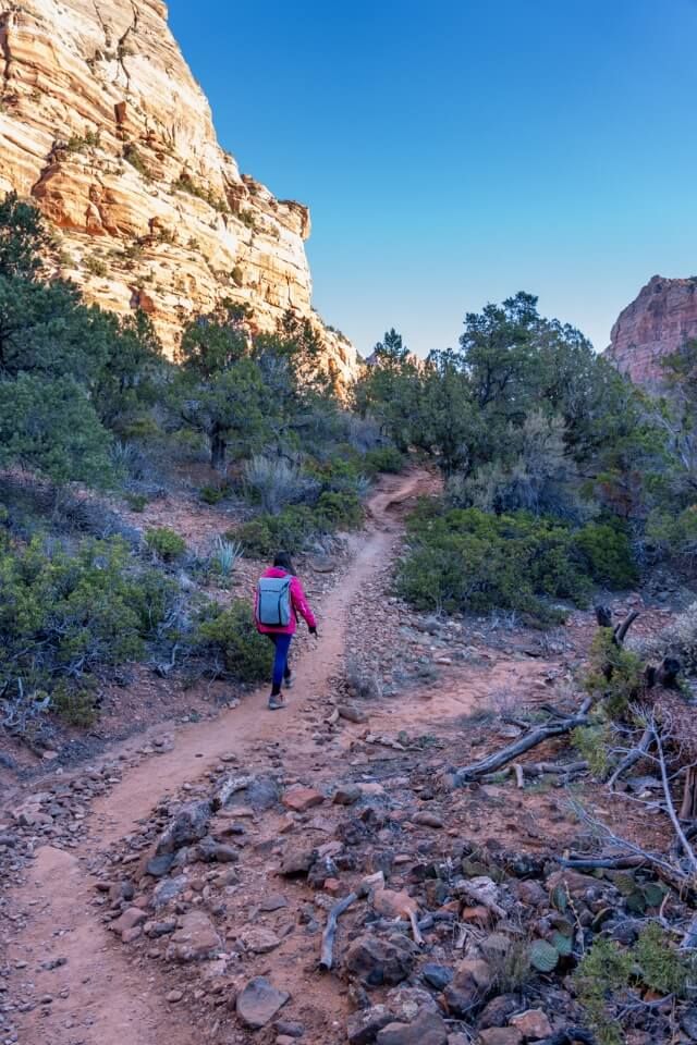 Hiking a dusty trail with bright orange canyon wall and blue sky in utah