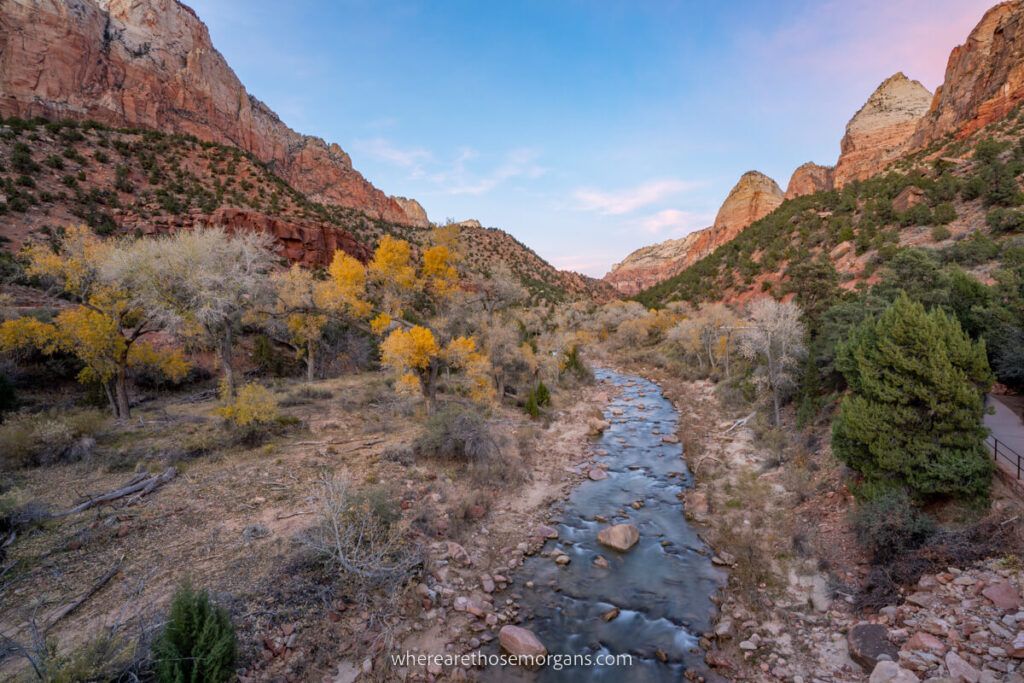 Virgin River and Pa'rus Trail at dusk in Zion national park Utah