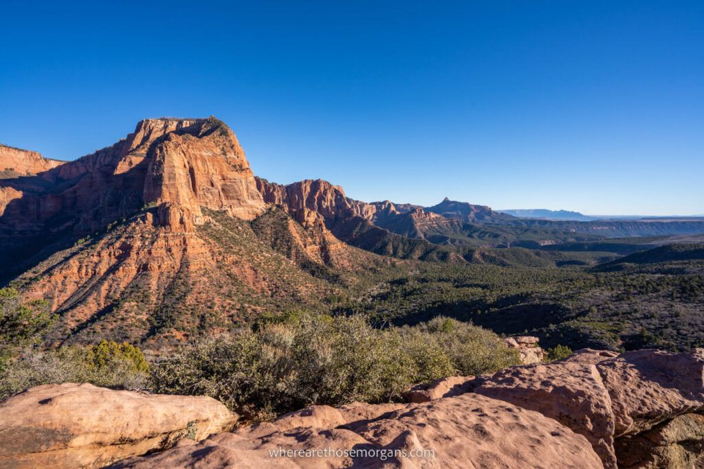 Views over Kolob Canyon in Utah on a bright sunny day with blue sky