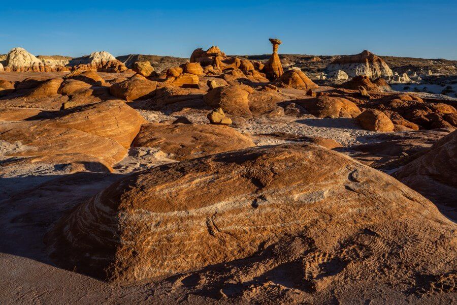 Wide angle photo of rock formations at sunset in the american southwest
