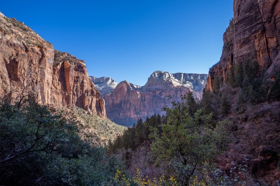 Brilliant blue sky with orange canyons in shadow in utah