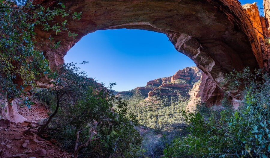 Fay Canyon Arch panorama with stunning view over Sedona landscape