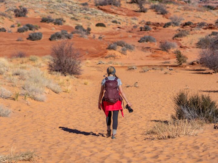 Roundup of the best hiking apps for all levels of hiker from beginner to pro with features pros and cons woman hiking sandy trail with camera in Arizona