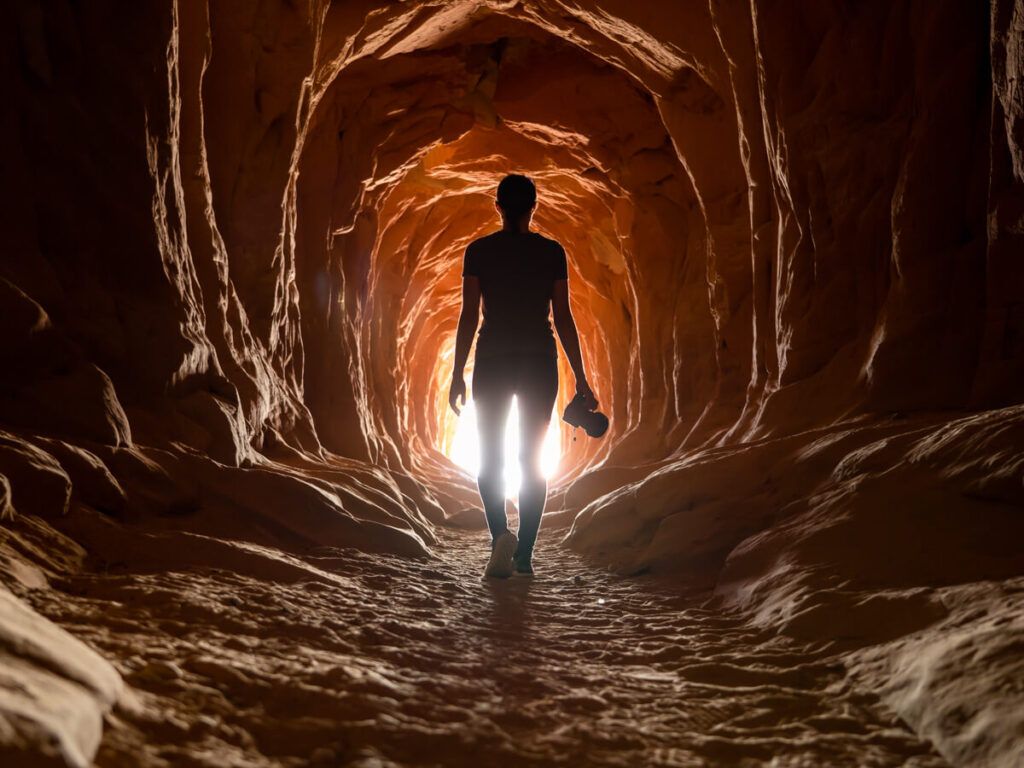Hiker with camera walking through belly of the dragon silhouetted against light near kanab in utah best things to do