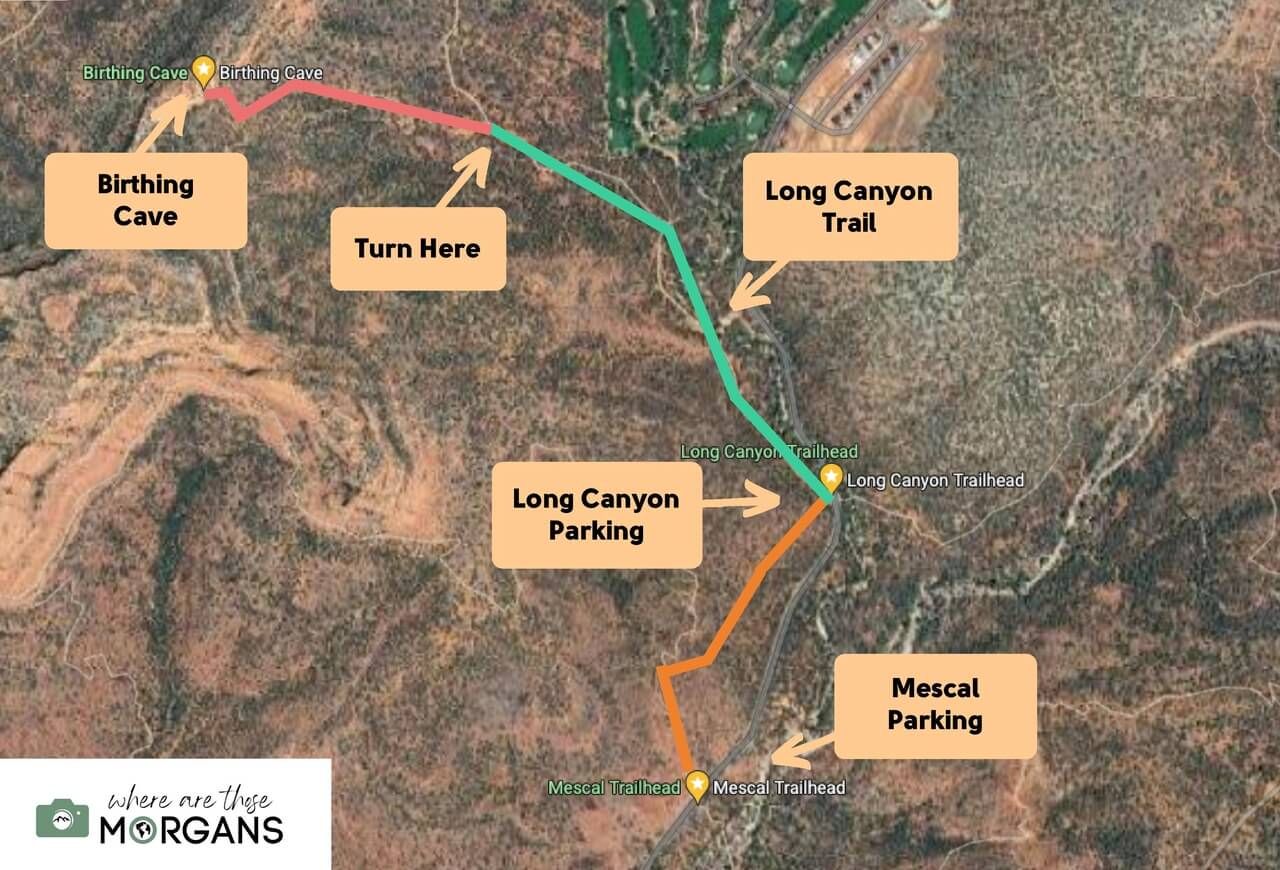Map directions for hiking Long Canyon Trail to the Birthing Cave in Sedona Arizona