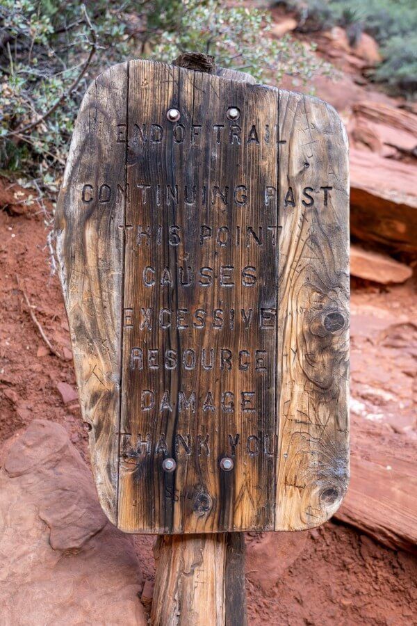End of Trail sign after a steep climb up Boynton Canyon